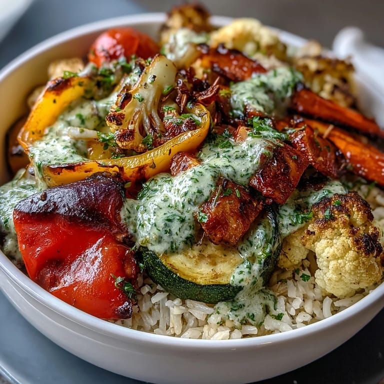 A close-up of a hearty Rainbow Roasted Vegetable Bowl with golden rice and colorful, caramelized veggies ready to eat.