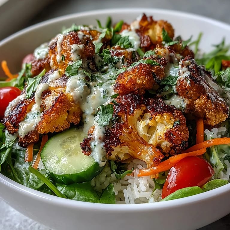 Nourishing Roasted Cauliflower Bowl for weeknight dinners, featuring turmeric rice, tomatoes, red onions, and a rich tahini dressing.
