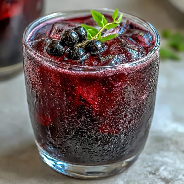 Black Currant Shrub served in a tall glass over ice as a zesty, tart cocktail mixer garnished with mint.
