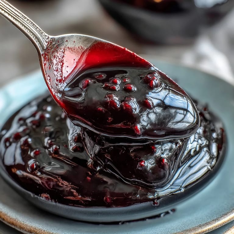 Fresh black currants and a glass jar of homemade syrup rest on a rustic wooden table.