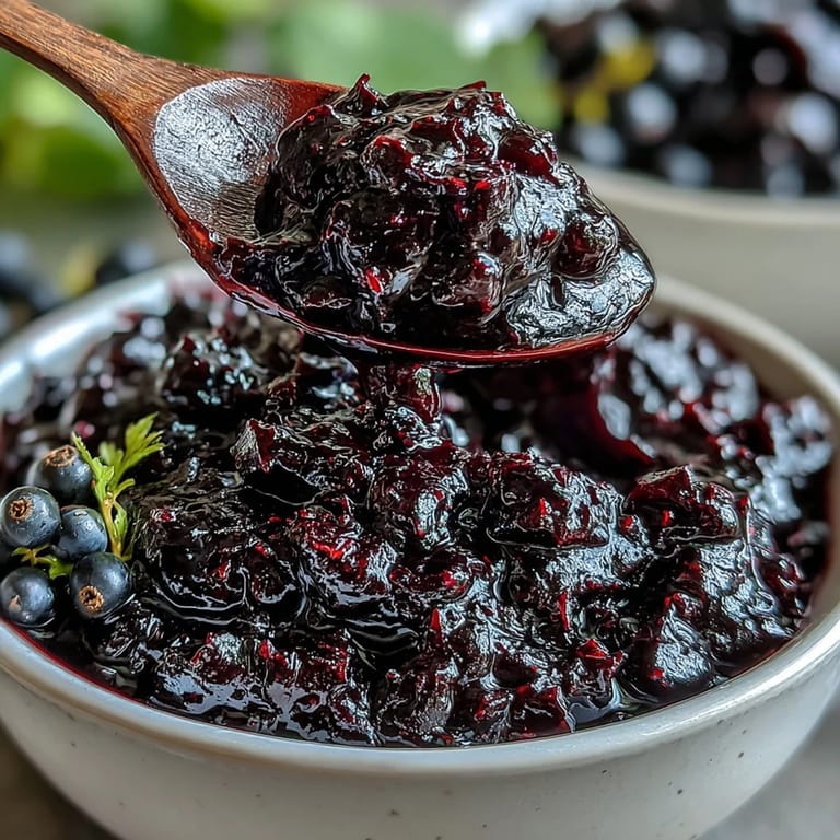 Homemade black currant jam bubbling in a saucepan during cooking, sugar crystals dissolving into a deep purple syrup.