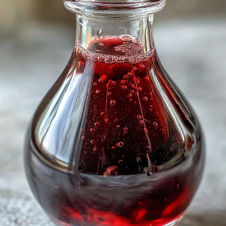 Crystal-clear Crème de Cassis being poured from a fine mesh sieve into a sterilized bottle.