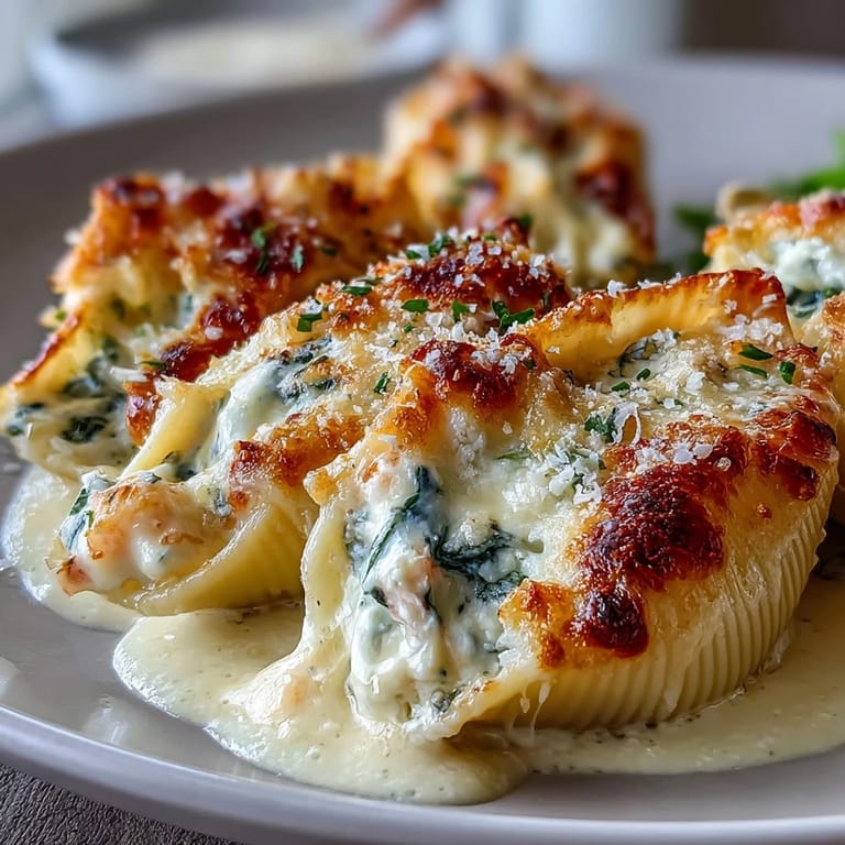 Close-up of Creamy Seafood Stuffed Shells revealing creamy cheese filling, ready to serve with a white wine pairing.