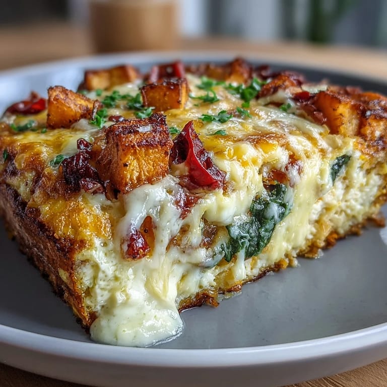 A single serving of Easy Sweet Potato Egg Casserole on a white plate, showcasing fluffy eggs, tender sweet potato cubes, and wilted spinach.