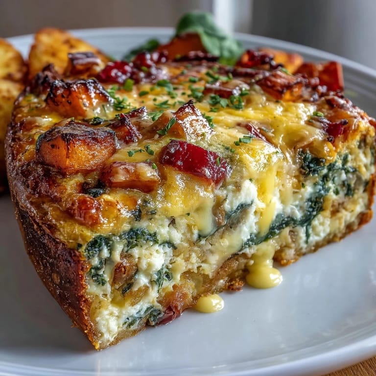 Close-up of freshly baked Easy Sweet Potato Egg Casserole featuring a crispy cheese crust and vibrant red bell peppers mixed into the wholesome dish.
