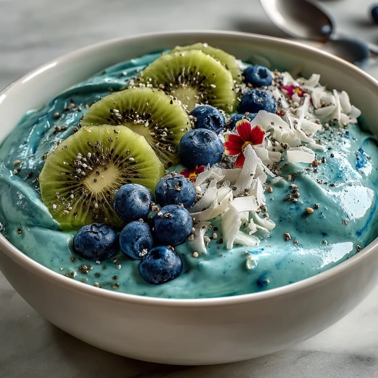 Spoon into this creamy Whimsical Healthy Mermaid Smoothie Bowl garnished with fresh blueberries and hemp seeds.
