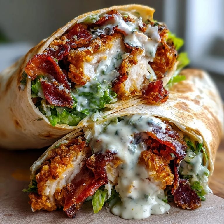 A close-up shows Crispy Chicken Bacon Caesar Wraps cut in half, revealing layers of juicy chicken, bacon, and crisp romaine.