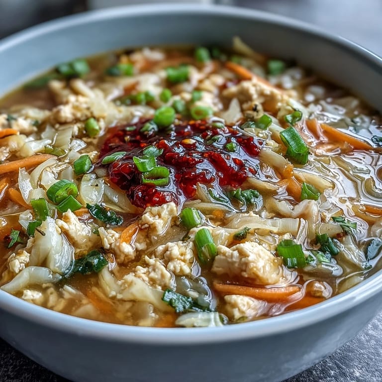 Garnished bowl of comforting Egg Roll Soup with Chicken & Cabbage featuring tender shredded carrots and sesame seeds.