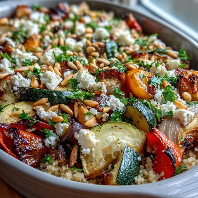 Creamy feta and caramelized veggies fill this Roasted Veggie & Feta Couscous Bake in a white dish.