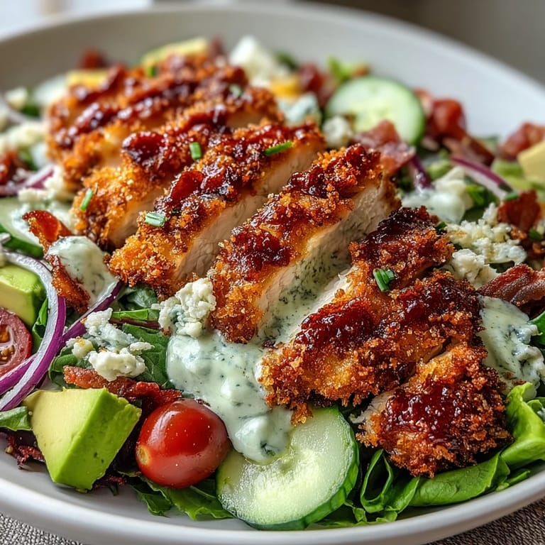 Hearty Parmesan Crusted Chicken Cobb Salad on a rustic platter, featuring juicy chicken, hard-boiled eggs, bacon, and fresh vegetables for dinner.
