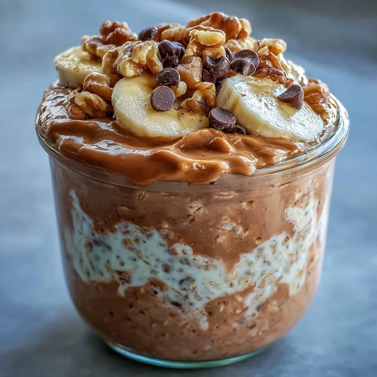 Healthy breakfast bowl of Chunky Monkey Protein Overnight Oats featuring cocoa oats, peanut butter swirls, and chocolate chips.