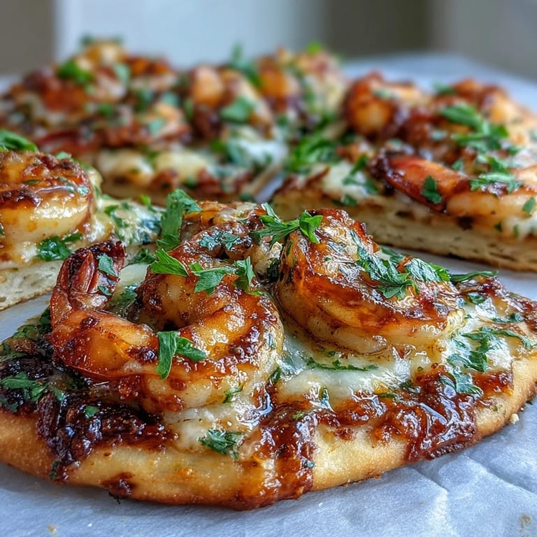 Close-up of a Garlic Butter Shrimp Naan Pizza showing melted cheese and golden edges, ready to be served.