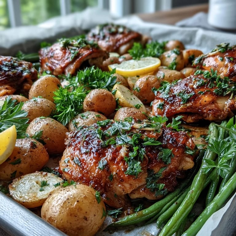 Roasted chicken with crispy potatoes and tender green beans on a baking sheet with garlic and lemon zest.