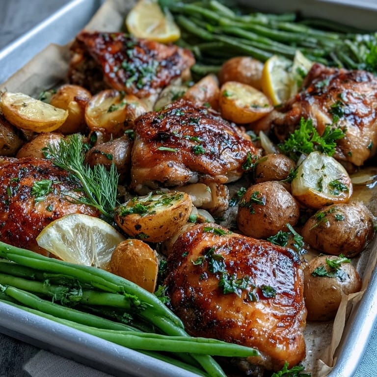 Sheet Pan Lemon Garlic Chicken with Potatoes and Green Beans, garnished with fresh parsley and lemon wedges, is served hot.