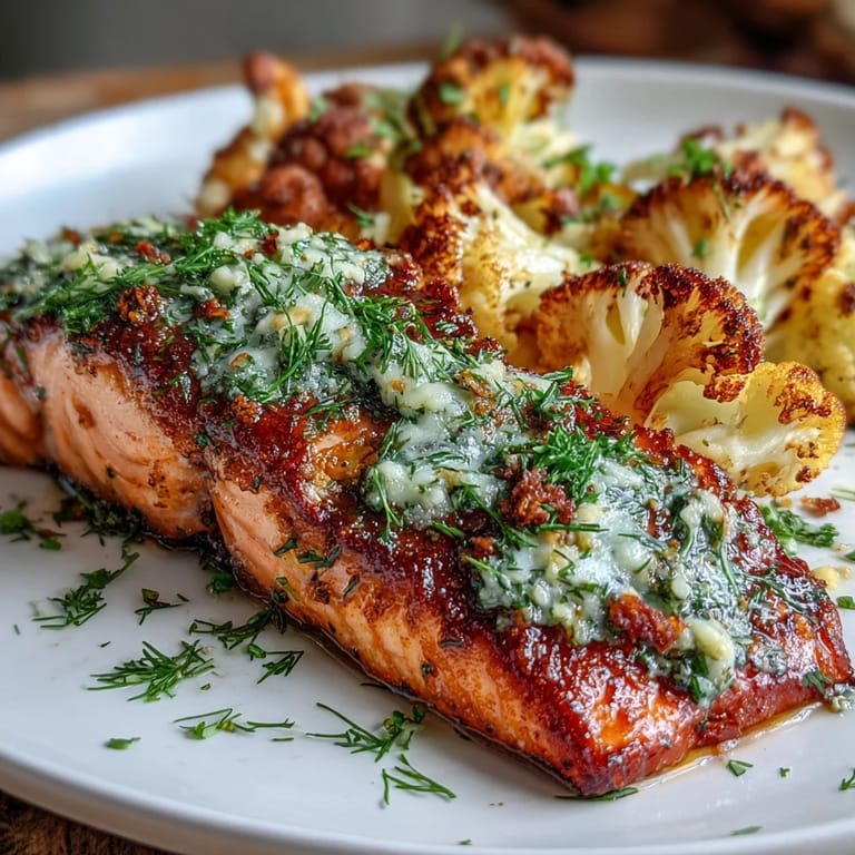 A fork lifts a bite of Keto Herb Butter Salmon with Roasted Cauliflower, showing moist fish and caramelized cauliflower from an easy weeknight dinner.