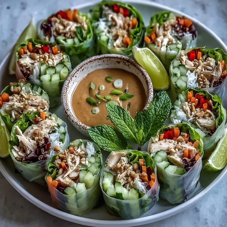 Homemade Light Chicken and Veggie Spring Rolls with Peanut Sauce, garnished with cilantro and sesame seeds, perfect for a light meal.