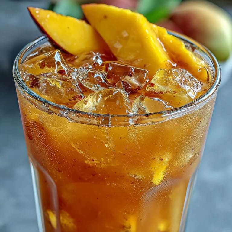 Refreshing homemade mango iced tea served in a clear pitcher, showcasing vibrant golden color and fruity aroma.  