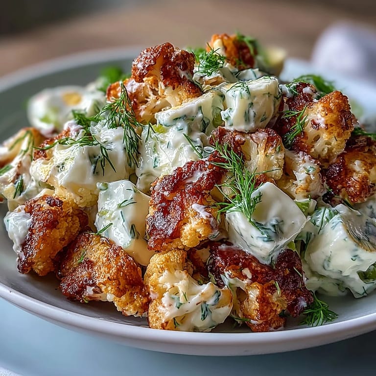 Low-carb twist on potato salad featuring golden roasted cauliflower, crunchy pickles, and creamy mustard dressing.