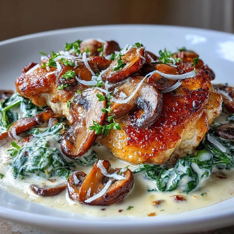 A one-pan low-carb dinner featuring juicy chicken breasts simmered with mushrooms and spinach in a velvety keto-friendly cream sauce.