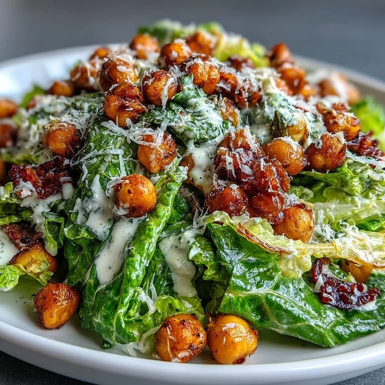 A plant-based Caesar salad featuring crunchy roasted chickpeas and tangy cashew-based dressing for a dairy-free meal.  