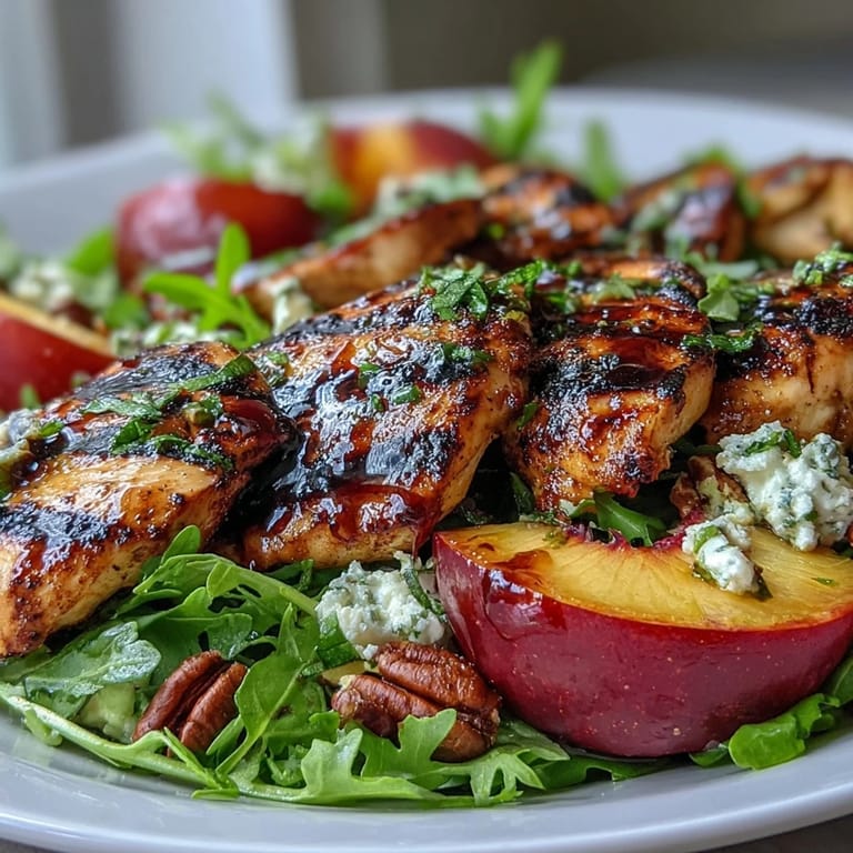 Juicy grilled chicken, ripe peaches, and fresh arugula topped with tangy balsamic reduction in a colorful summer salad.