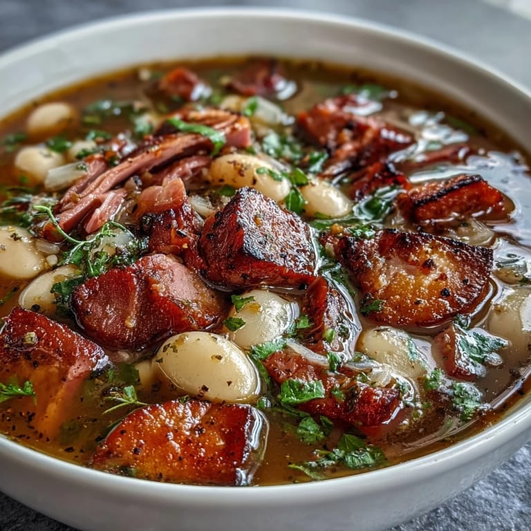 Hearty bean soup with smoked ham and potatoes, simmered to perfection with aromatic herbs and tender vegetables in a savory broth.