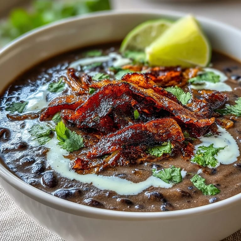 Velvety black bean soup infused with smoked paprika and cumin, garnished with crunchy bacon bits and fresh cilantro.