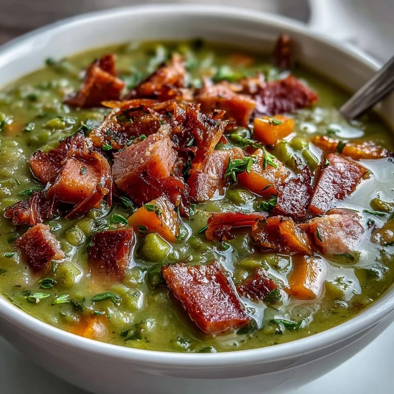 Rich and creamy Ham and Split Pea Soup featuring smoky ham, sweet carrots, and hearty split peas in a comforting broth.