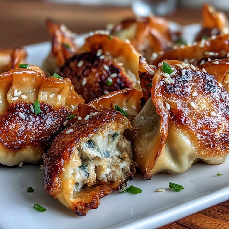 Air-fried golden chicken dumplings, tender inside and crisp outside, accompanied by a flavorful sesame soy dipping sauce.