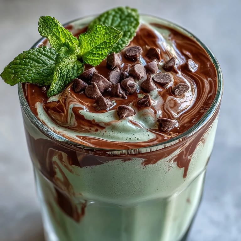 Smooth chocolate protein shake with cool mint and natural banana sweetness, blended until creamy and garnished with fresh mint leaves.