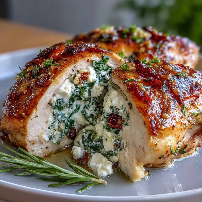 Mediterranean-style spinach and feta stuffed chicken breasts, baked to perfection, with melted cheese and vibrant greens peeking out.