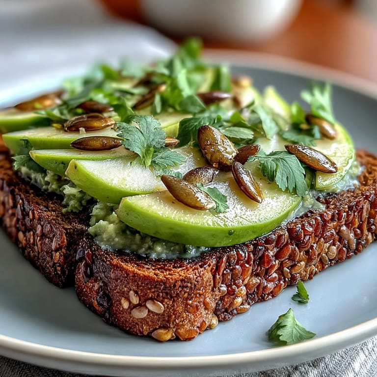 Vibrant avocado and green apple toast garnished with pumpkin seeds, lemon juice, and fresh herbs for a healthy start.