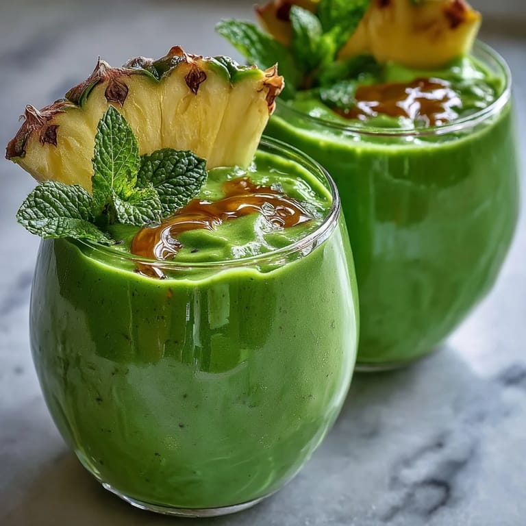 Creamy green shamrock smoothie with tropical pineapple and fresh spinach, perfect for a refreshing afternoon snack.