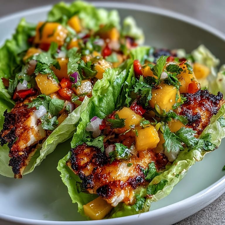 Colorful mango salsa with diced mango, red bell pepper, and cilantro adds a tropical twist to grilled fish tacos wrapped in crunchy lettuce shells.