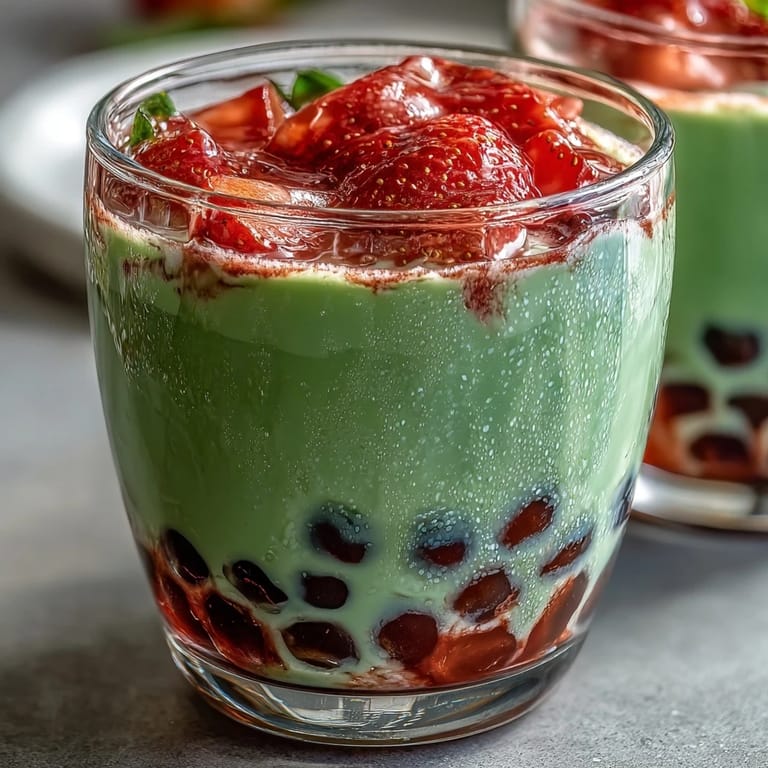 Refreshing strawberry matcha boba-inspired drink featuring sweet strawberries, earthy matcha, and tapioca pearls served over ice in a tall glass.