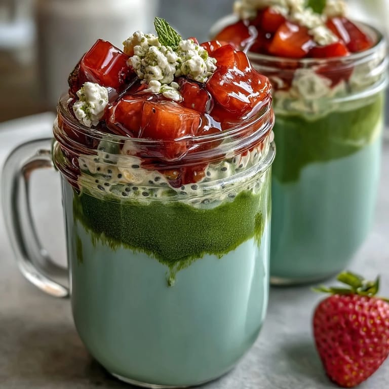 Nutritious strawberry matcha latte overnight oats in a mason jar, featuring creamy oats, sweet strawberries, and earthy matcha flavors.