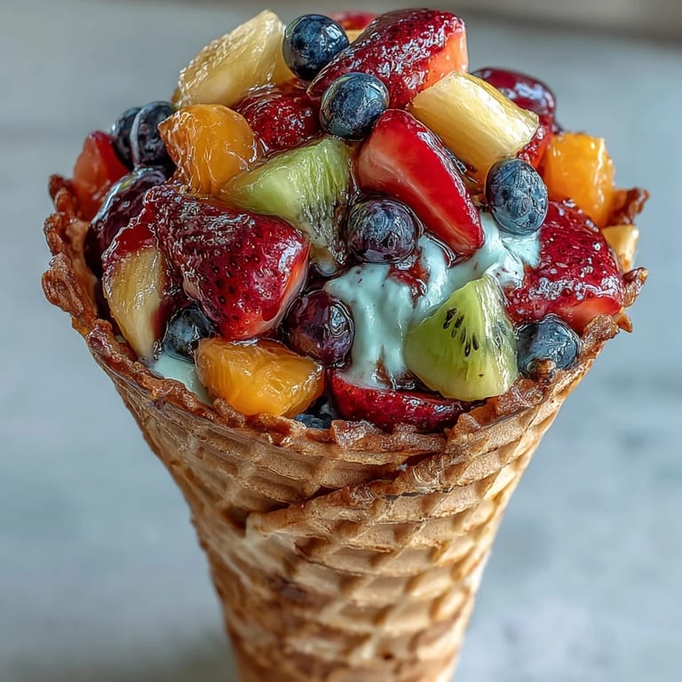 Colorful fruit cones stacked with fresh kiwi, pineapple, and grapes, paired with tangy yogurt dip for a festive party treat.
