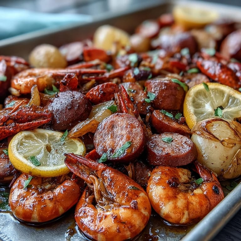 Hearty Indoor Crawfish Boil Sheet Pan Dinner with tender crawfish, smoky sausage, and roasted vegetables, perfect for a Southern-inspired meal.