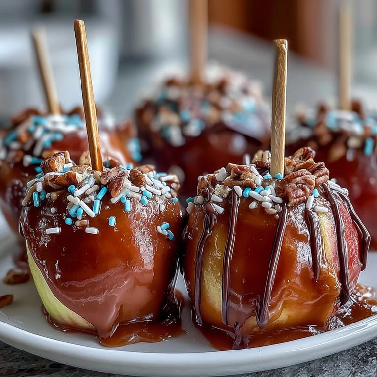 Gourmet caramel apple slices with chocolate drizzle, topped with chopped nuts for added crunch and flavor.  