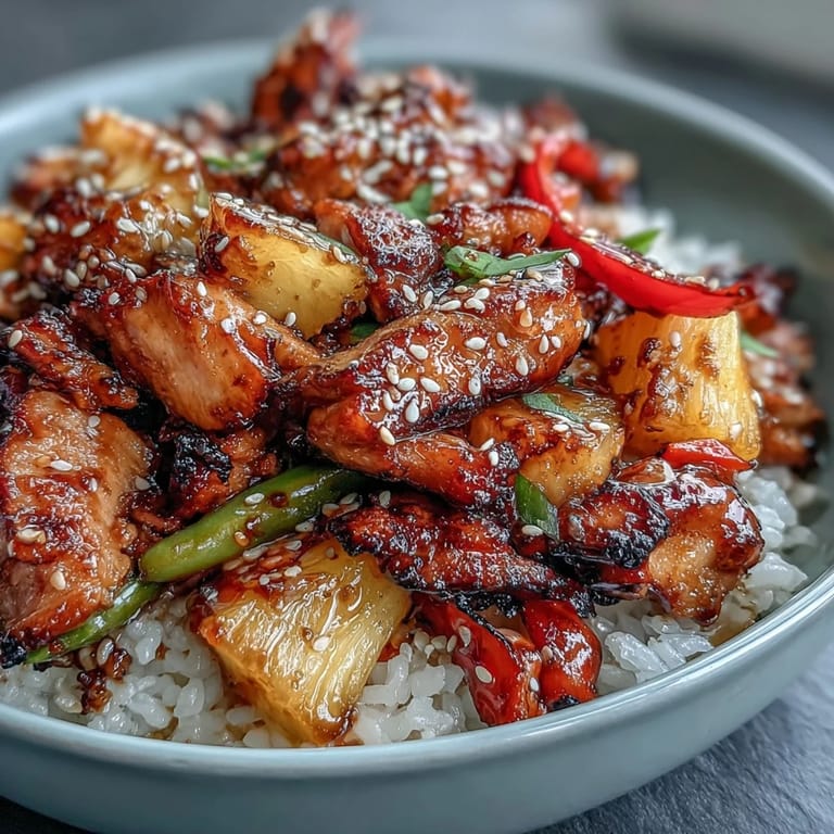 Tropical-inspired Pineapple Teriyaki Chicken Rice Bowls featuring glazed chicken, jasmine rice, and crisp vegetables for a satisfying meal.