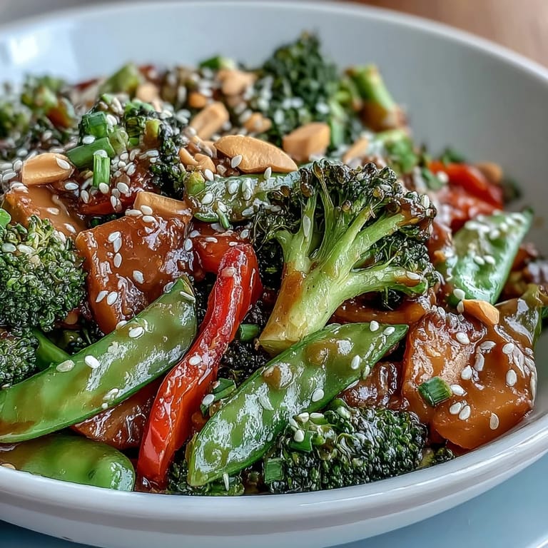 Vibrant, healthy stir-fry featuring broccoli, bell peppers, and snap peas, all tossed in a rich, aromatic peanut sauce for a quick meal.  