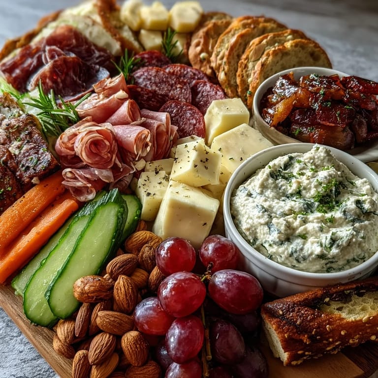 An inviting platter of prosciutto, salami, cheeses, and colorful produce, paired with herbed Greek yogurt and roasted red pepper hummus dips.