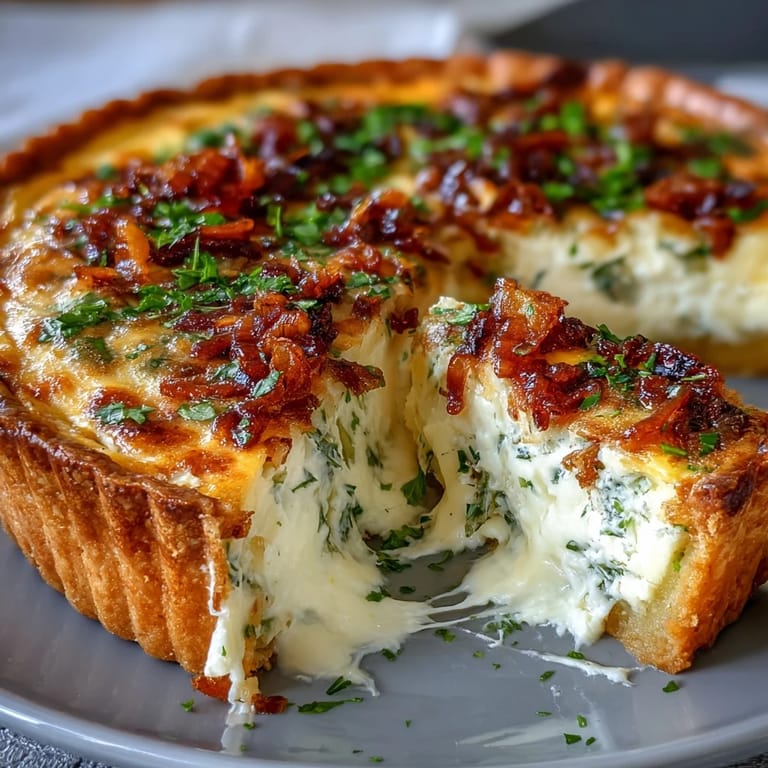Golden Spring Brunch Quiche with Leeks and Gruyere, baked to perfection with a flaky crust and fragrant fresh herbs.