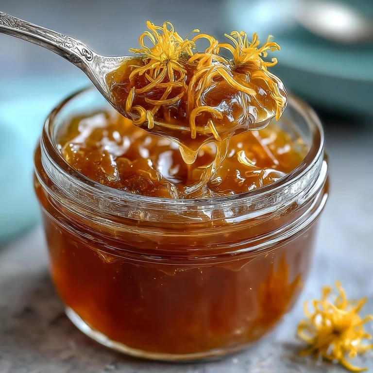 Delicate dandelion jelly in a clear jar, glowing in the sunlight beside a rustic wooden cutting board.