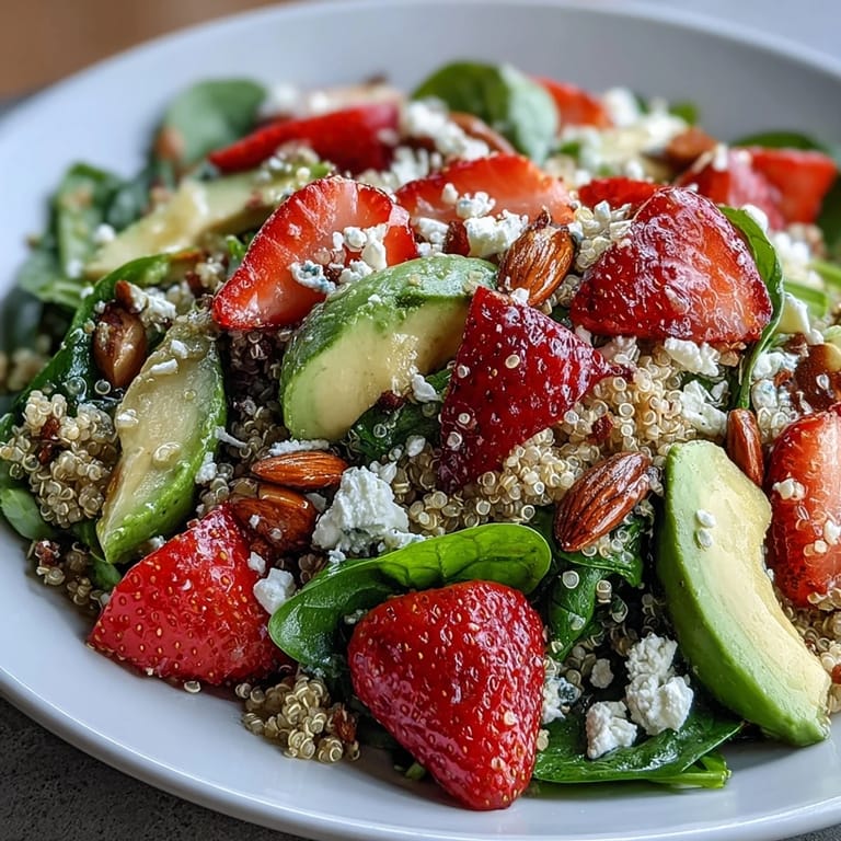 Refreshing strawberry avocado quinoa salad with feta cheese, basil, and crunchy nuts, perfect for a light summer lunch.