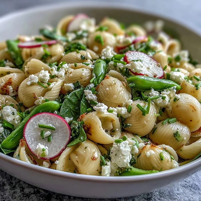 Bright, zesty pasta salad featuring tender spring vegetables, lemon dressing, and radishes—refreshing and perfect for warm weather.