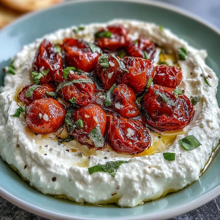 A close-up view of the roasted cherry tomatoes resting on the bed of whipped feta cheese.