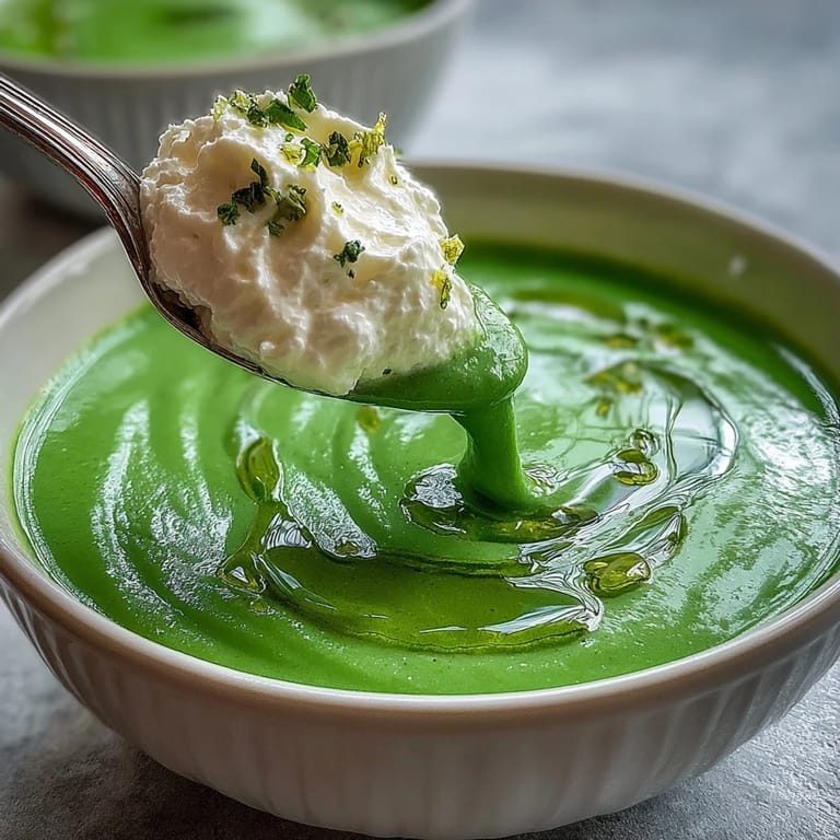 Creamy green pea soup served with a dollop of lemon-zested whipped ricotta and a drizzle of bright mint-infused olive oil.