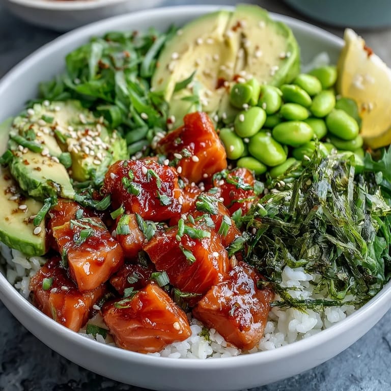 Deconstructed Salmon Poke Bowl salad showcasing fresh ingredients and a light, bright dressing.