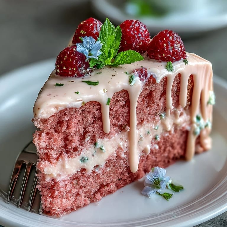 Decadent pale pink Rosé Velvet Cake adorned with shimmering gold icing drips.